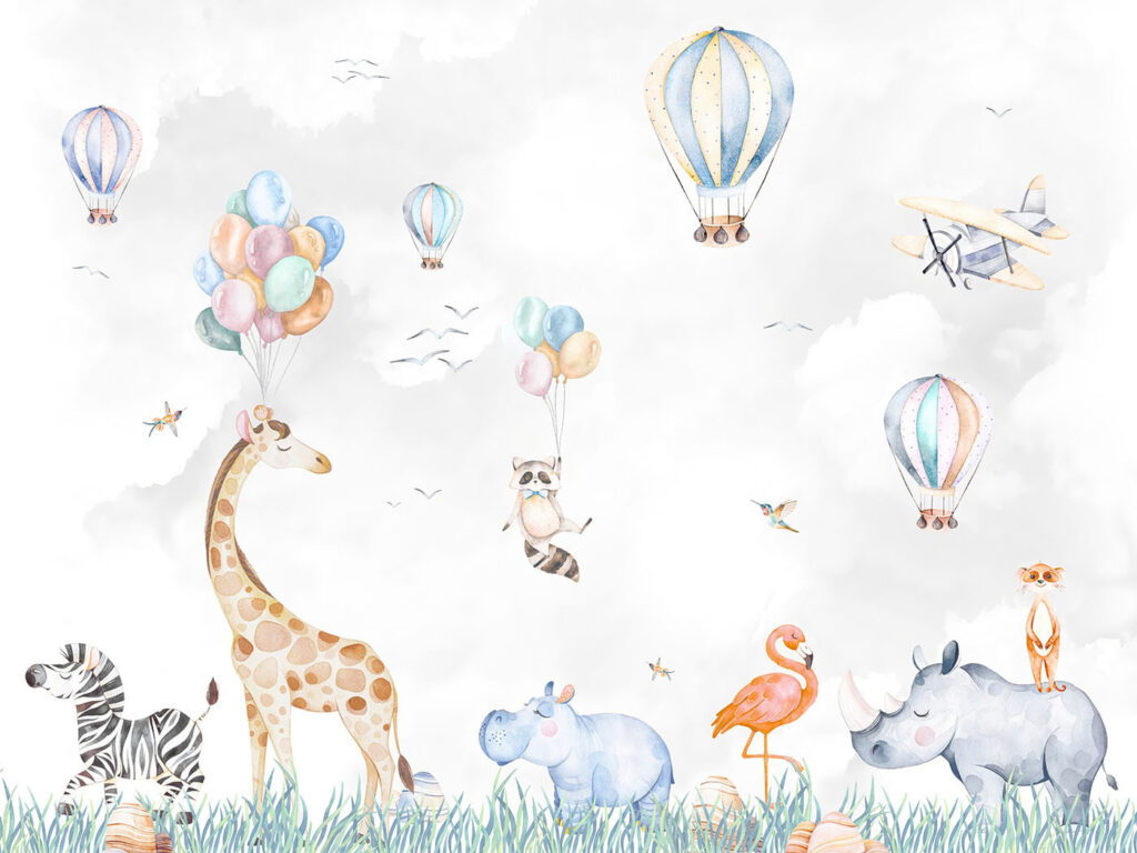 Animals under balloons — full design