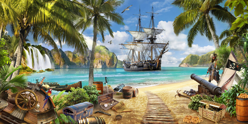 Pirate ship and palms — full design