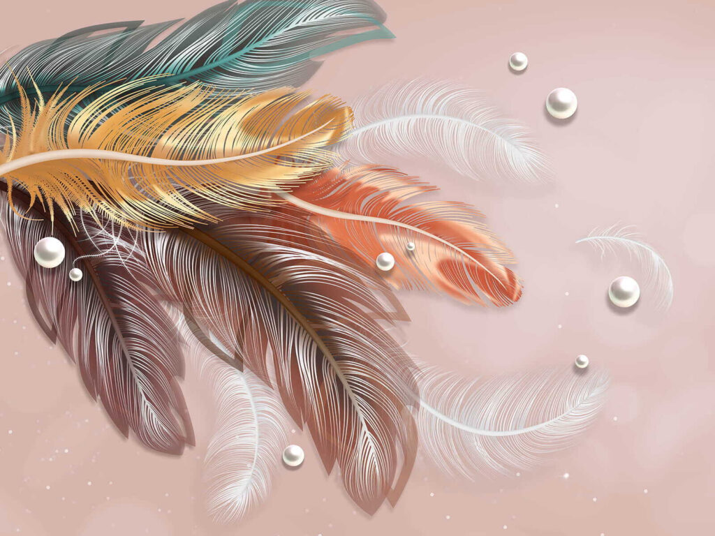 Feathers among round drops — full design