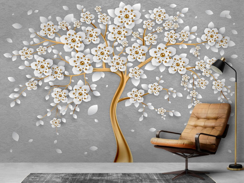 White blossom, gold stem — interior 2