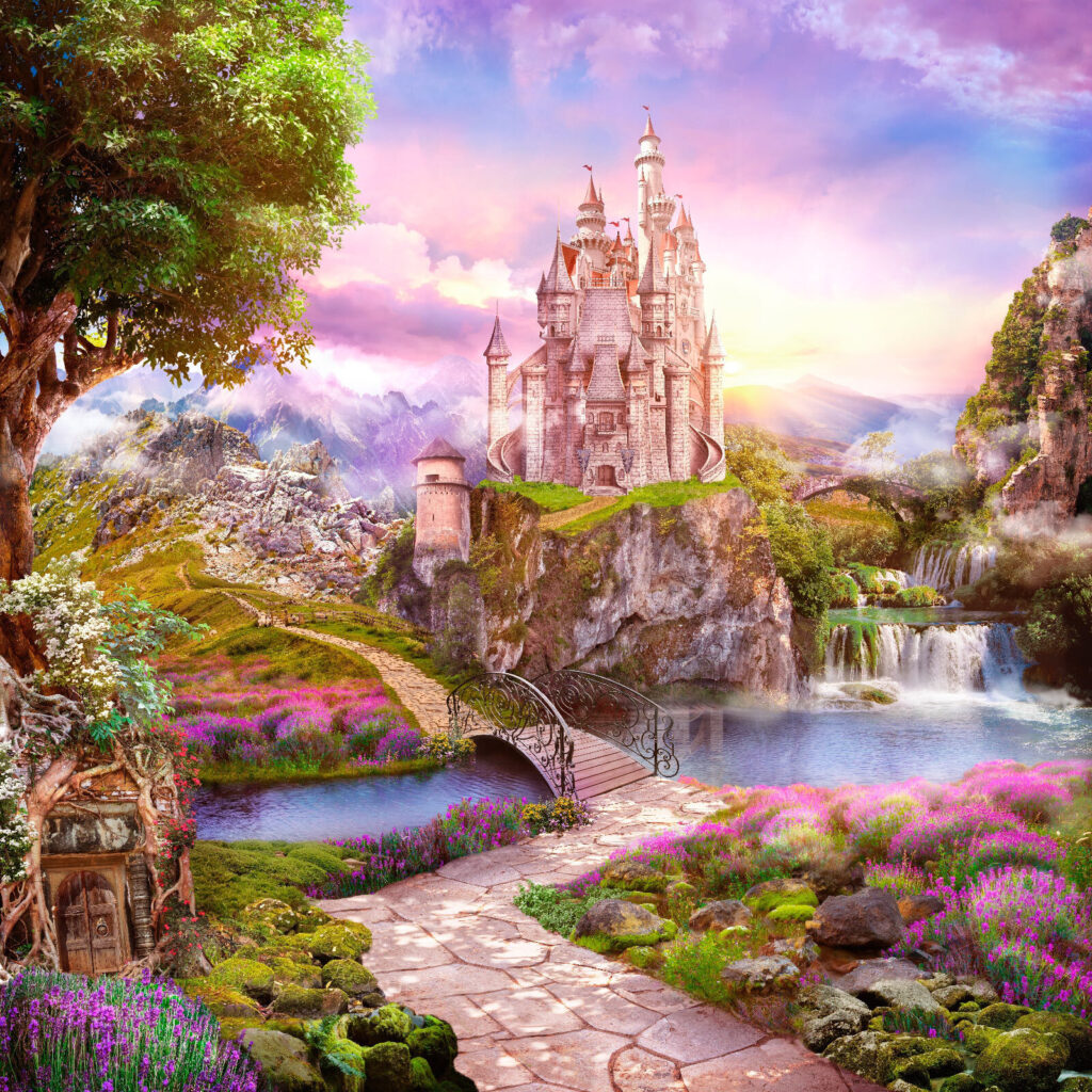 Fairytale castle and waterfall — full design