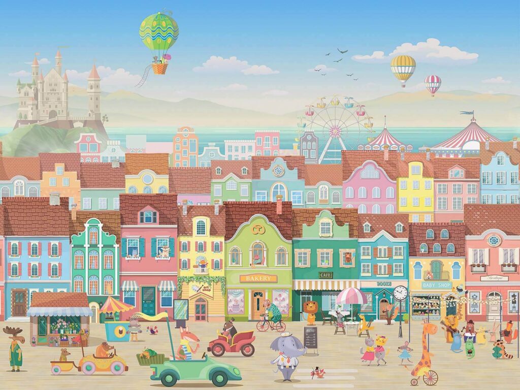 Colourful houses, lively street — full design