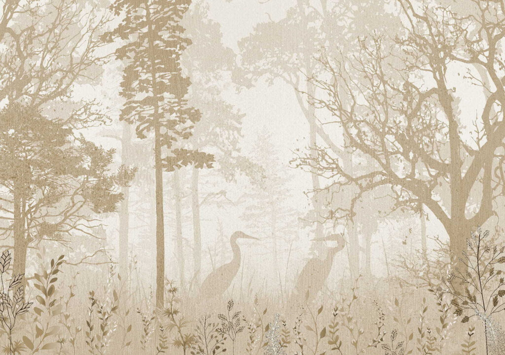 Heron in misty forest — full design