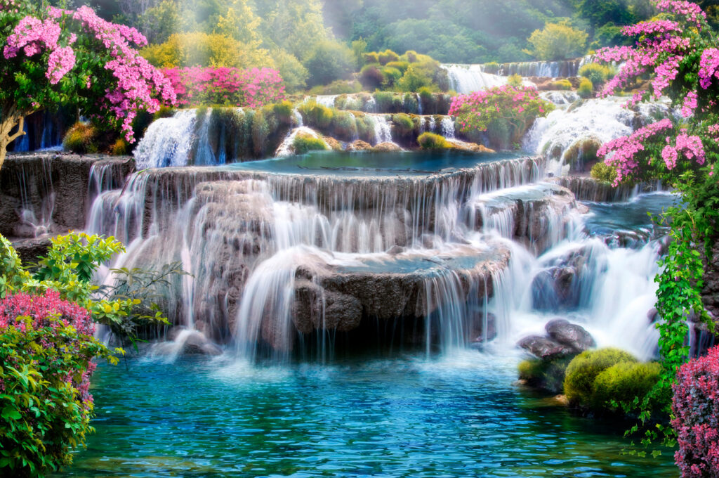Waterfall between pink shrubs — full design