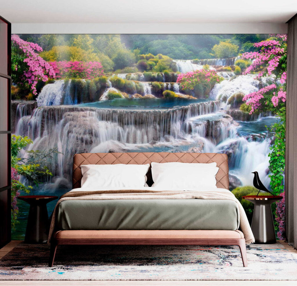 Waterfall between pink shrubs — interior 2