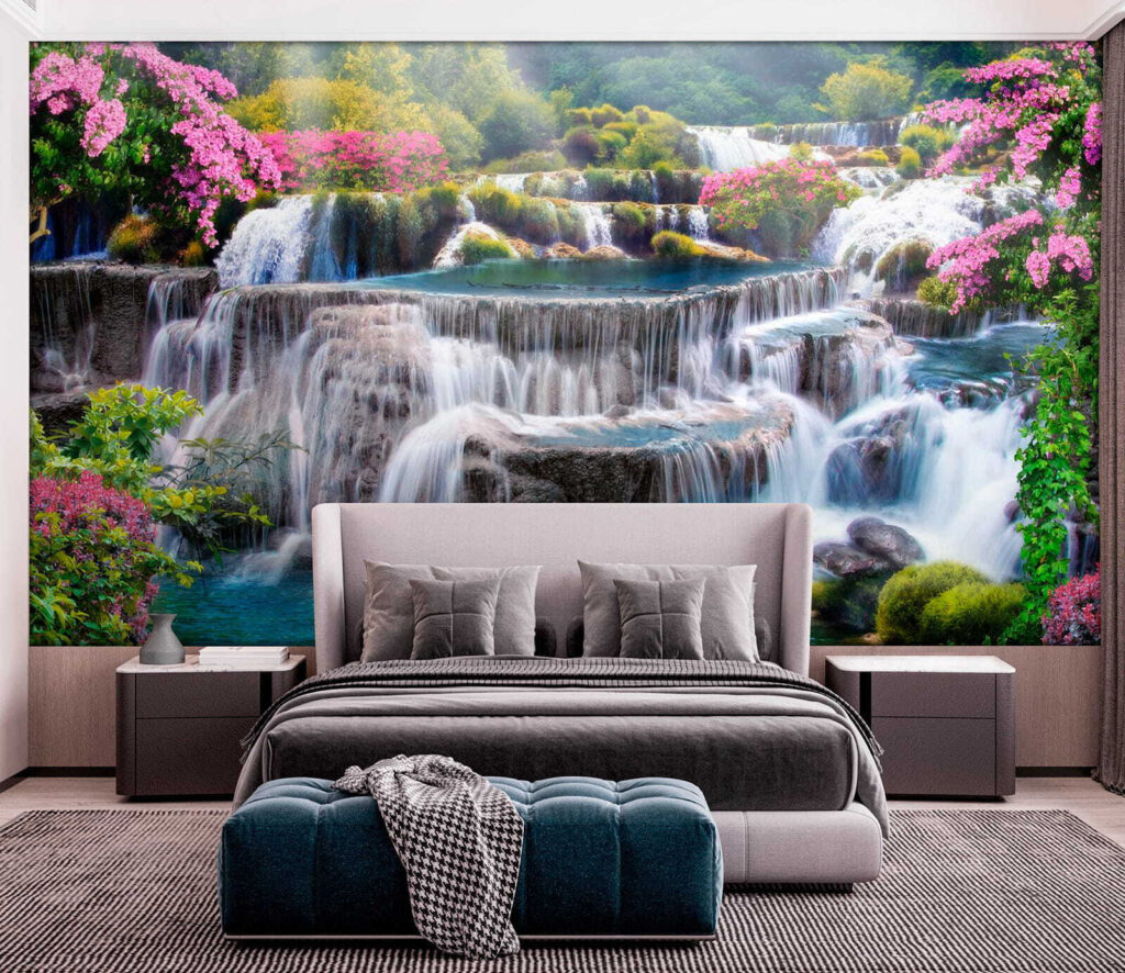 Waterfall between pink shrubs — interior 3
