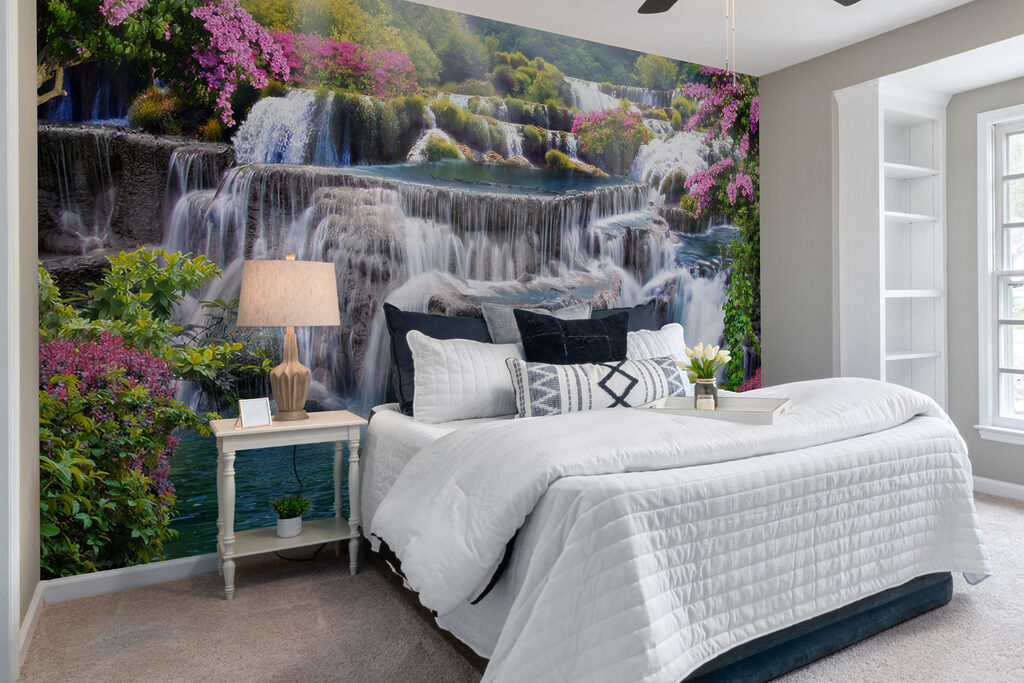 Waterfall between pink shrubs — interior 10