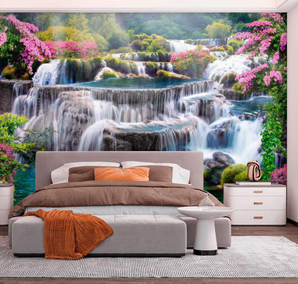 Waterfall between pink shrubs — interior 4