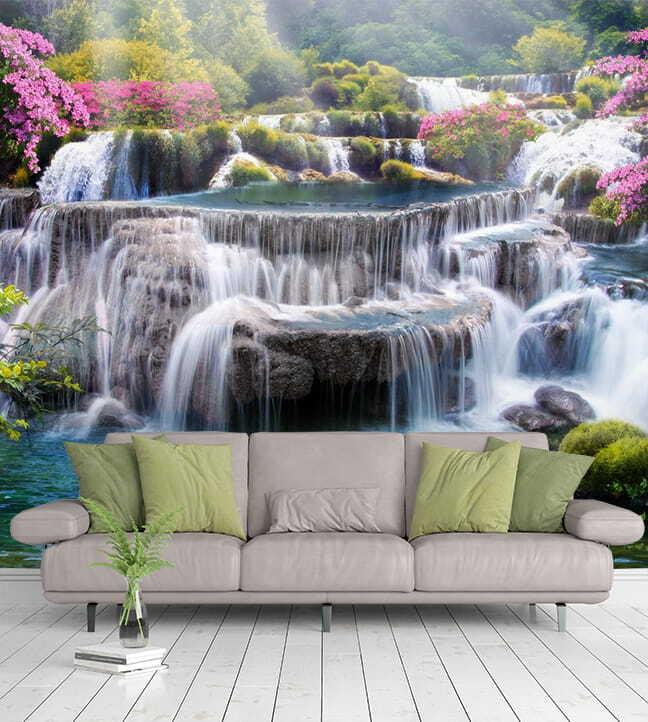 Waterfall between pink shrubs — interior 5