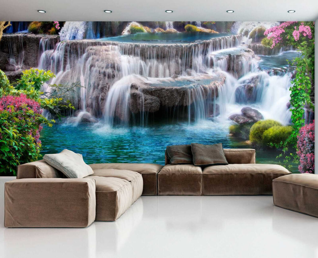 Waterfall between pink shrubs — interior 6