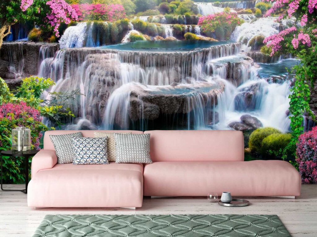 Waterfall between pink shrubs — interior 7