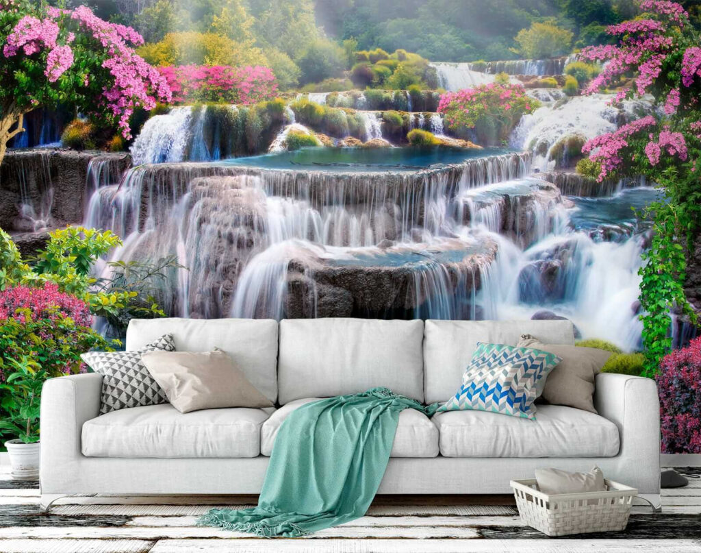 Waterfall between pink shrubs — interior 8
