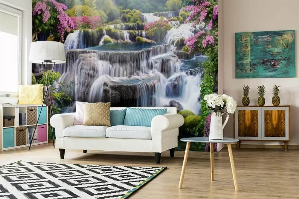 Waterfall between pink shrubs — interior 1