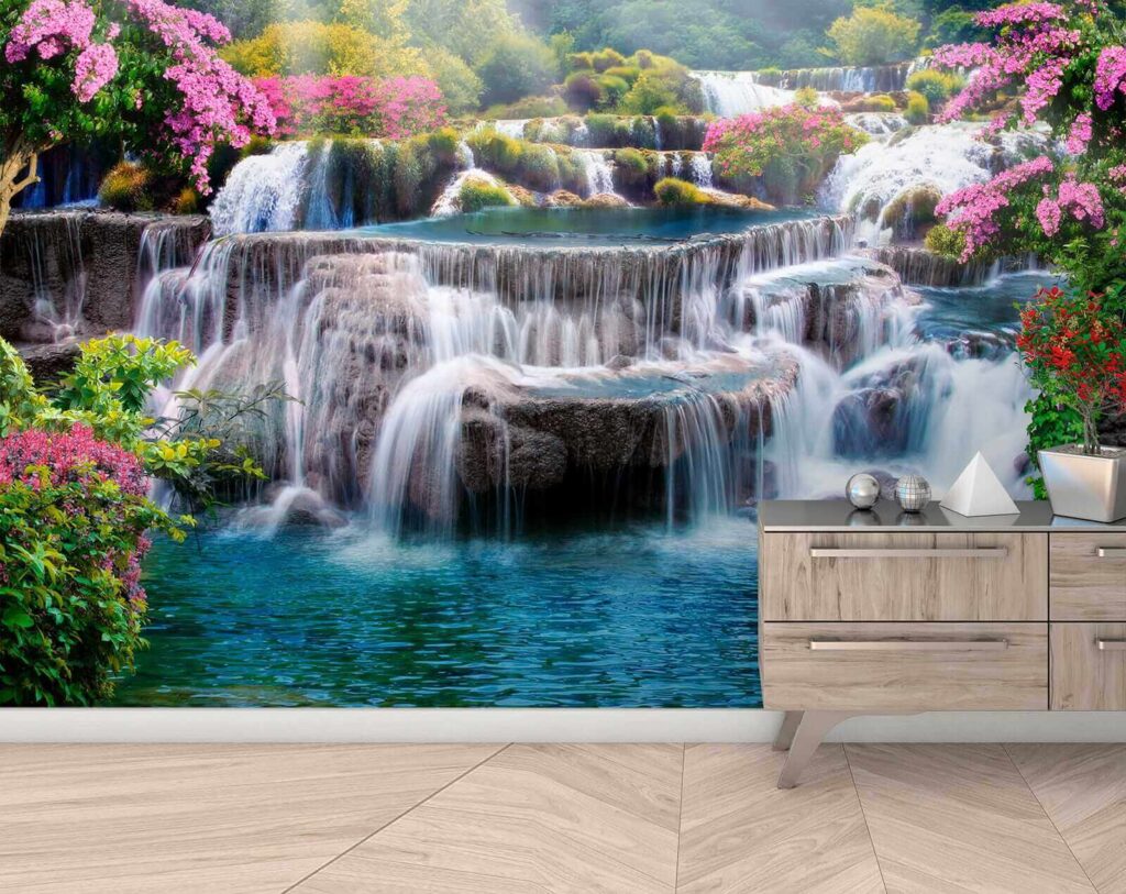 Waterfall between pink shrubs — interior 9