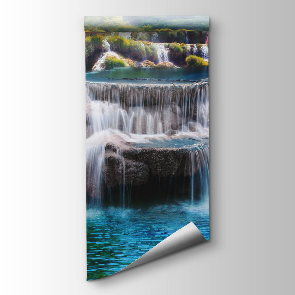 Waterfall between pink shrubs — product view