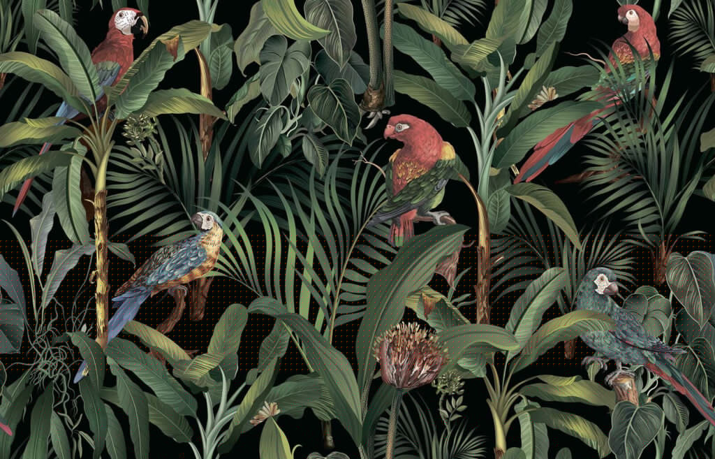Parrots on jungle branches — full design