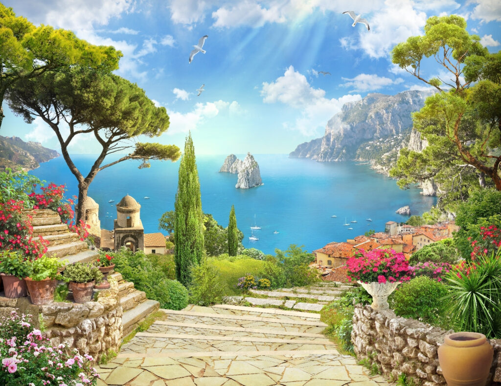 Flower-lined stone steps — full design