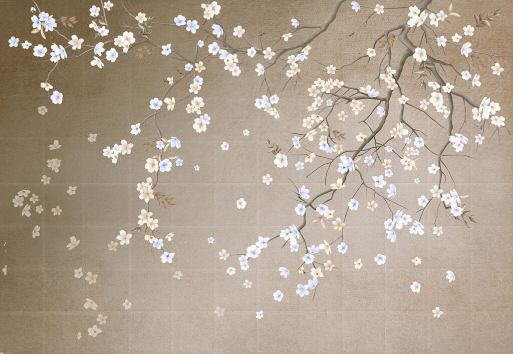 White blossom drifts down — full design