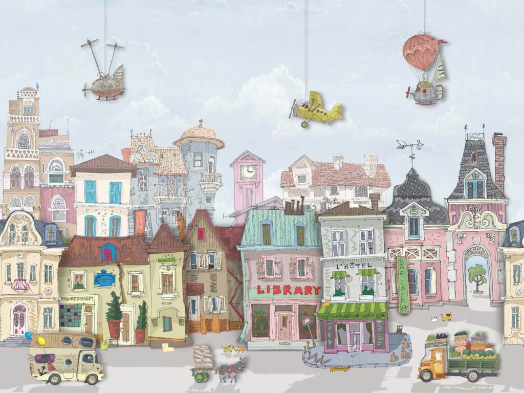Colourful houses and balloons — full design