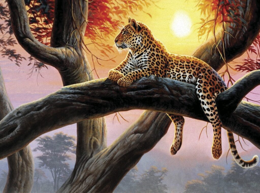 Spotted cat on branch — full design
