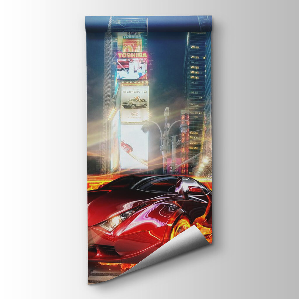Cars among lit buildings — product view