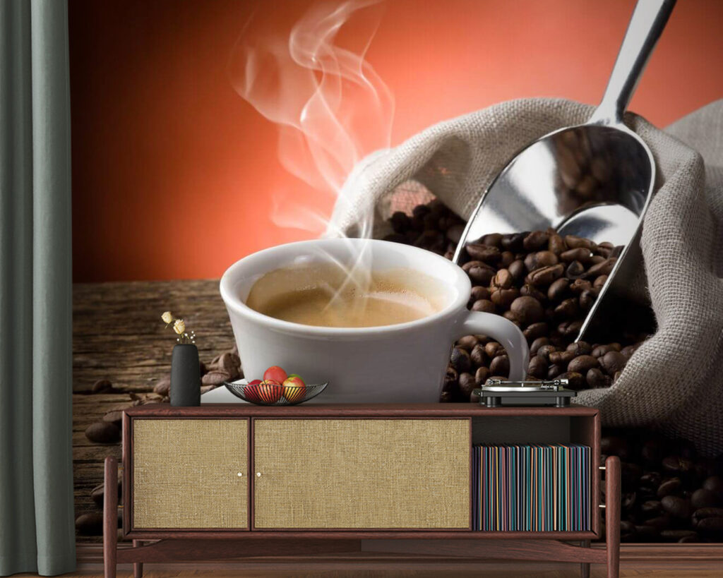 Steaming coffee among beans — interior 2