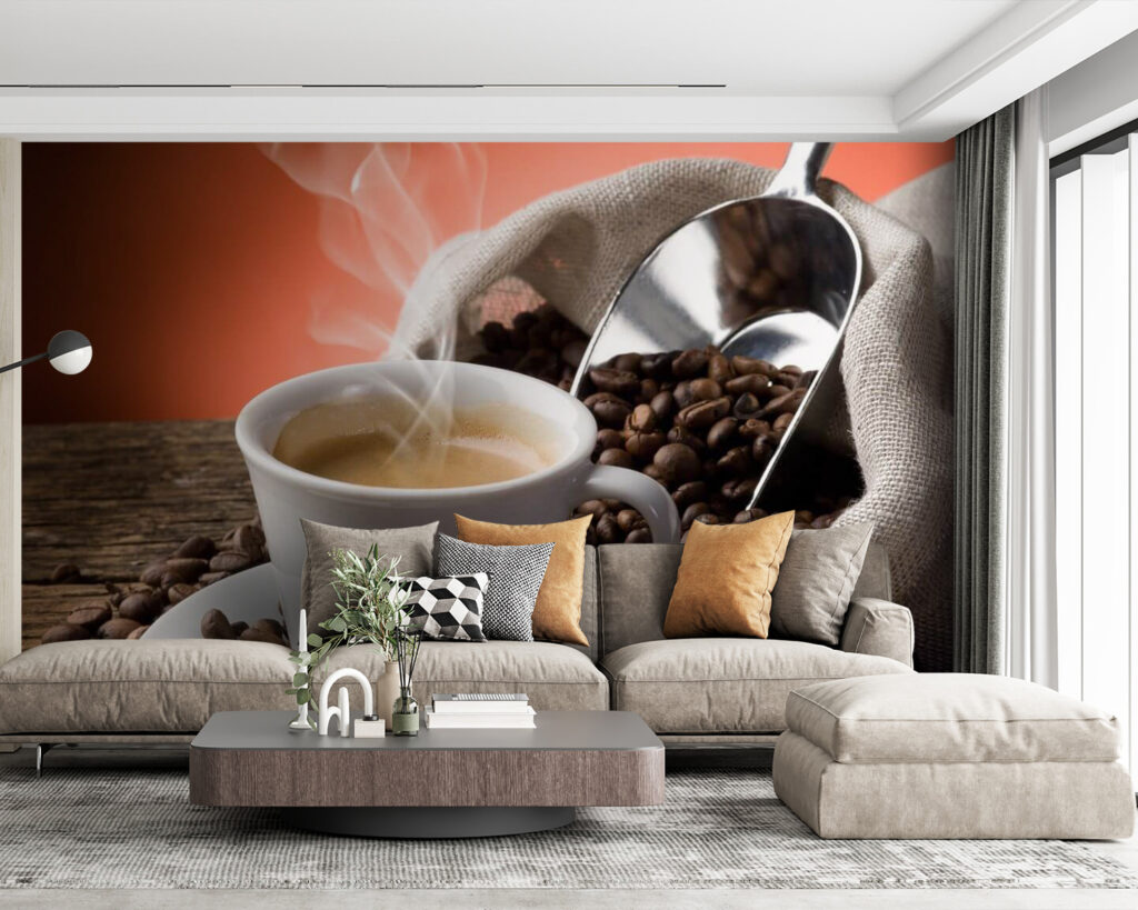Steaming coffee among beans — interior 1