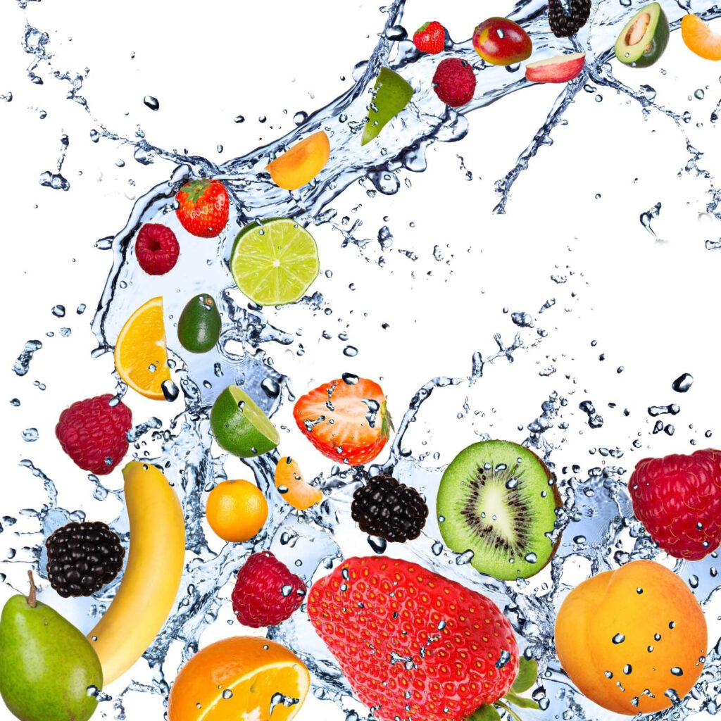 Fruit splashing through water — full design
