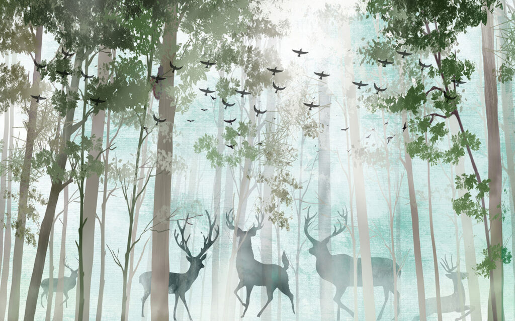 Deer among pale trunks — full design