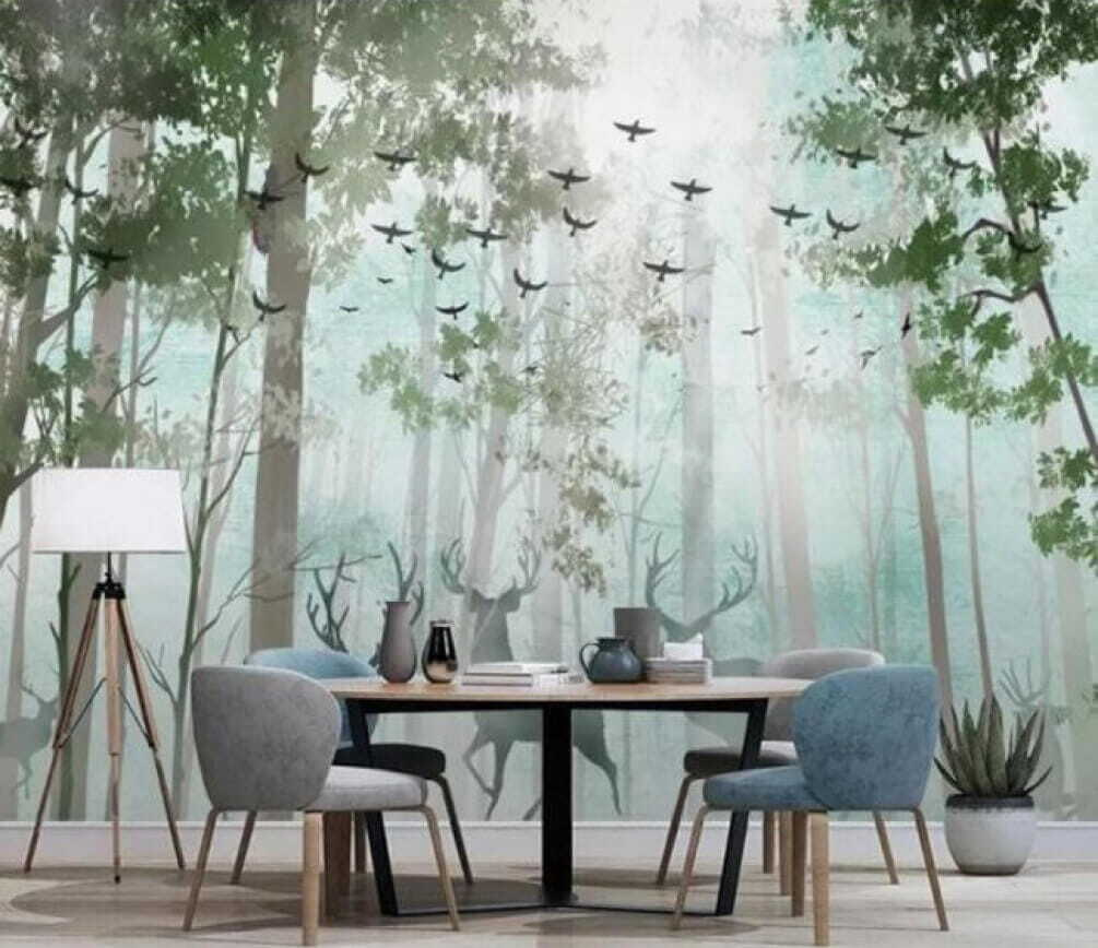 Deer among pale trunks — interior 1