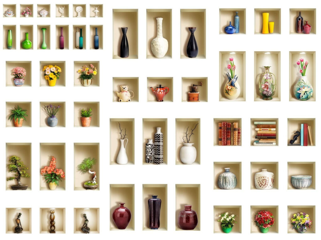 Niches with decorative bottles — full design