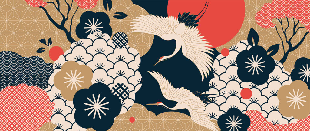 Cranes among flowers — full design