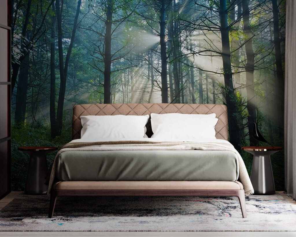 Sunbeams through tall trees — interior 1