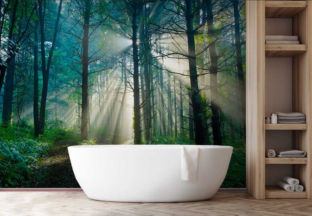 Sunbeams through tall trees — interior 3
