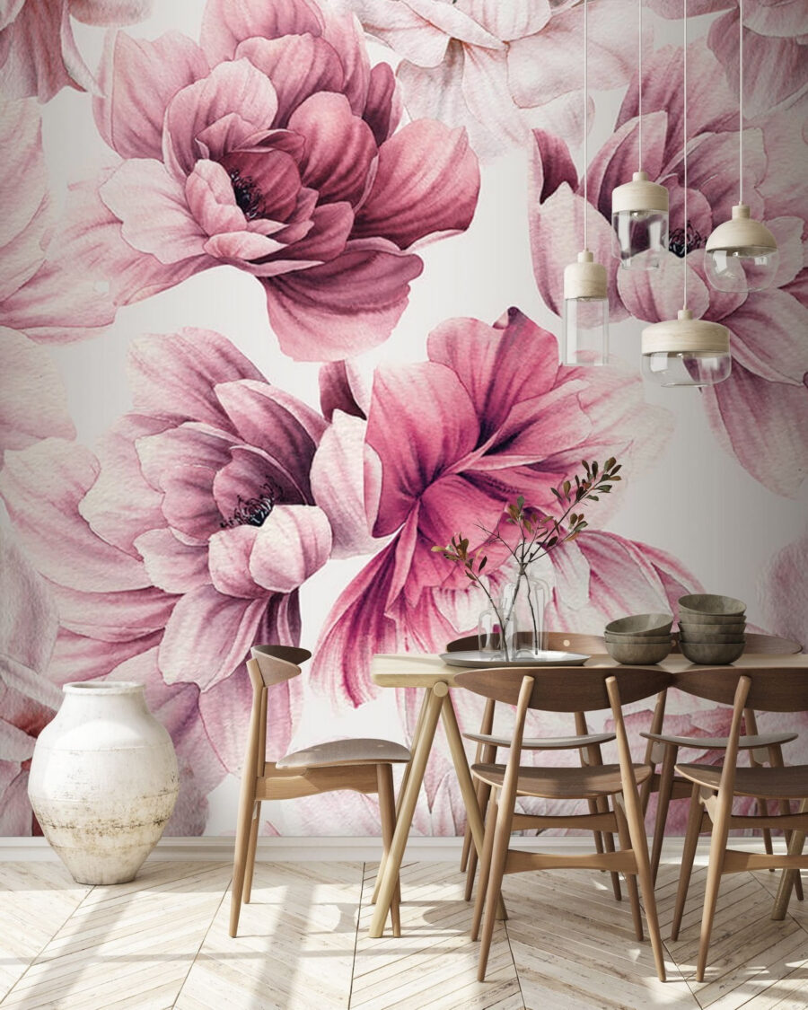 Pink dahlias on white — interior 1