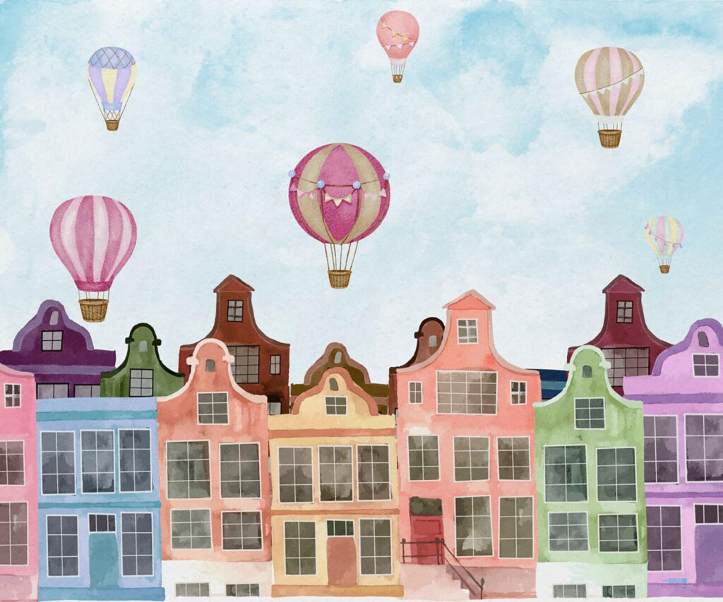 Balloons over pastel houses — full design