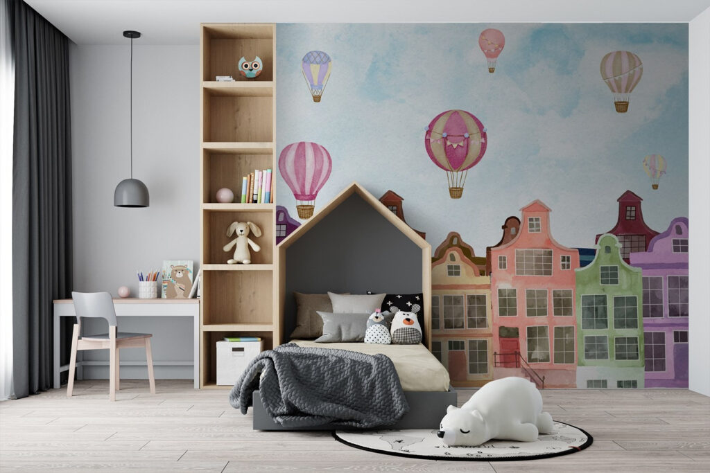 Balloons over pastel houses — interior 1