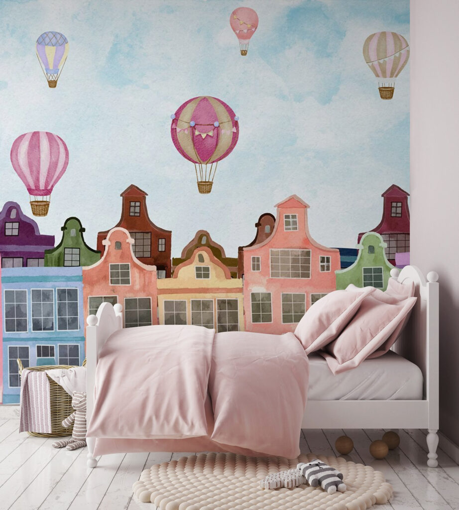Balloons over pastel houses — interior 2