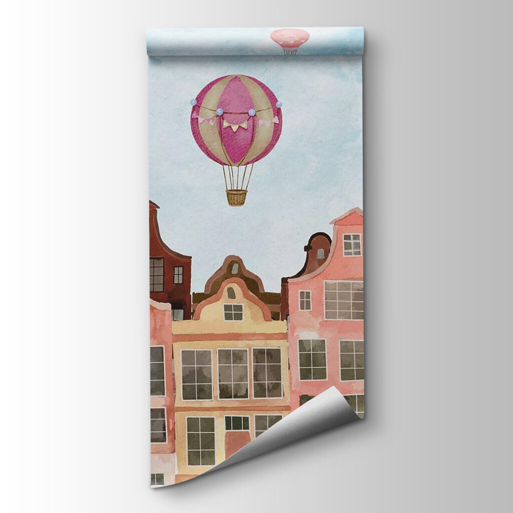 Balloons over pastel houses — product view