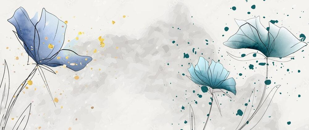 Blue flowers, ink splashes — full design
