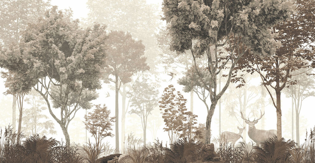 Deer in misty woodland — full design