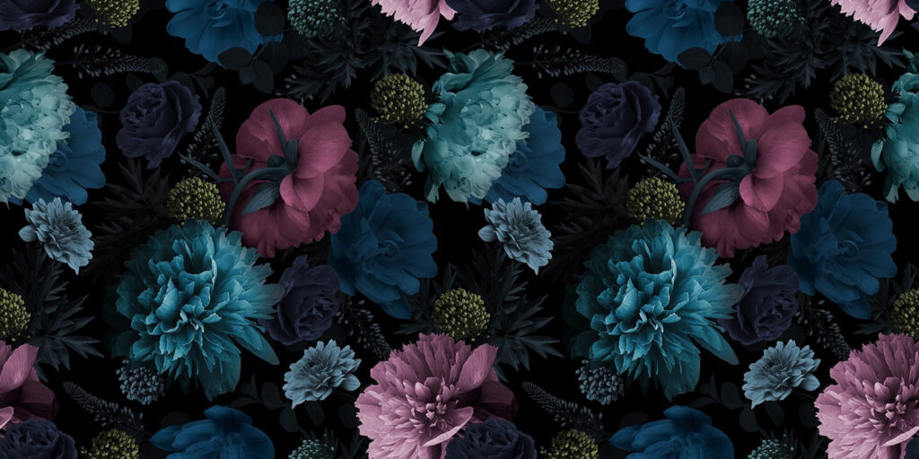 Blue flowers on black — full design