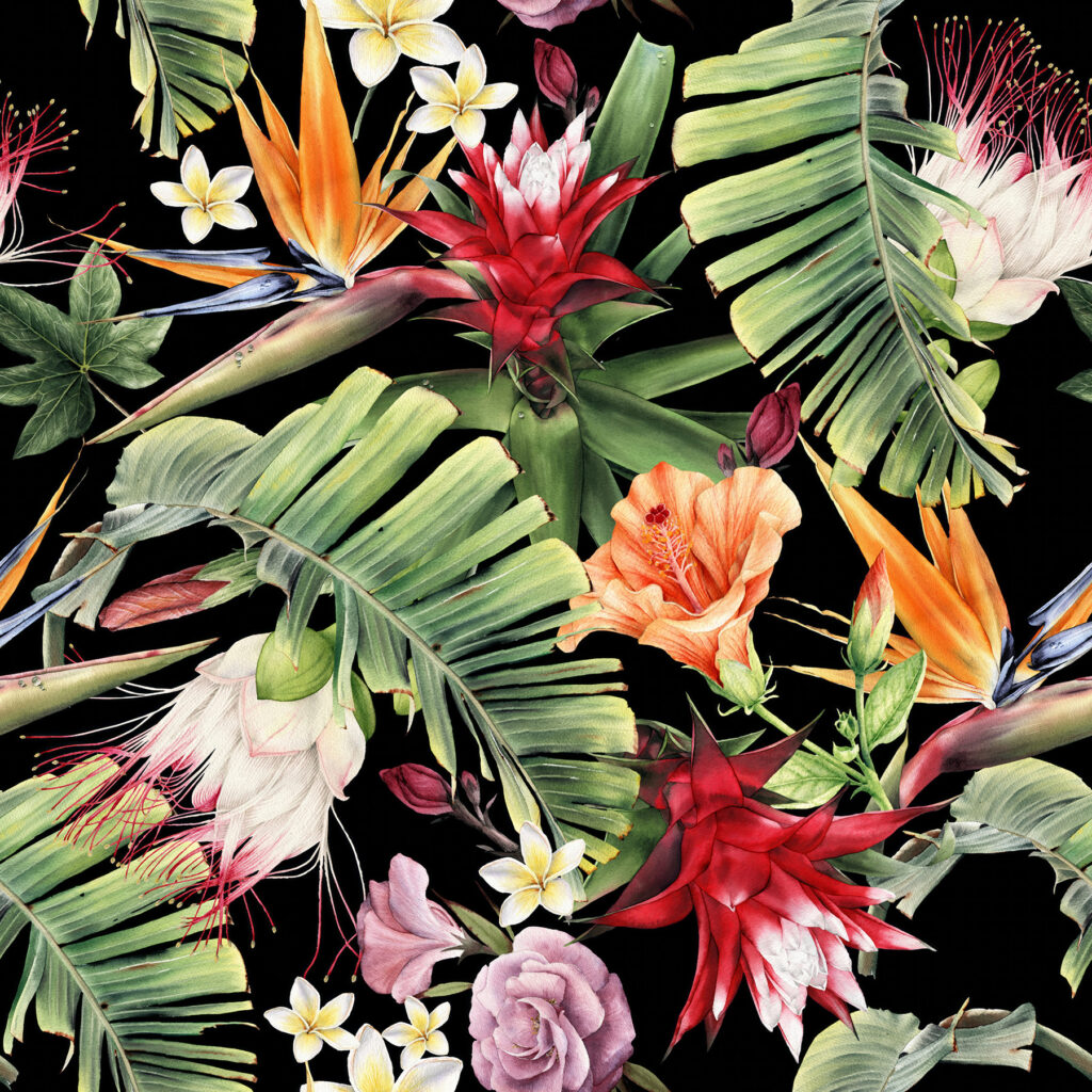 Tropical flowers on black — full design