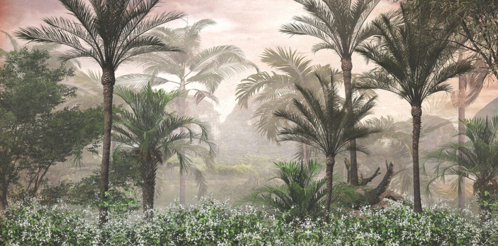 Palms in painted mist — full design