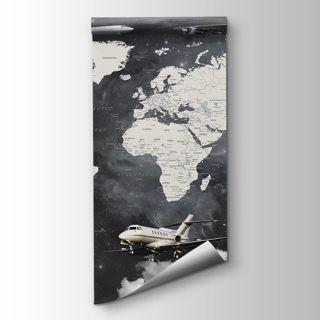 Aeroplanes around world map — product view