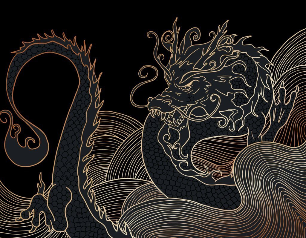 Dragon in gold lines — full design