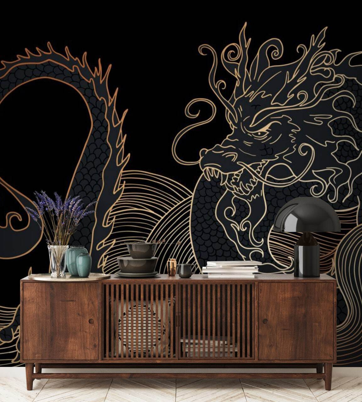 Dragon in gold lines — interior 3
