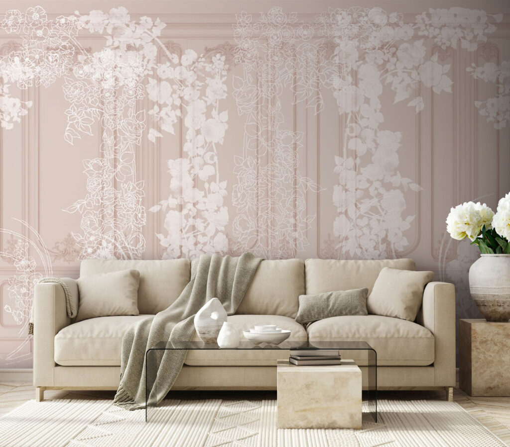 White blossom along panelling — interior 3