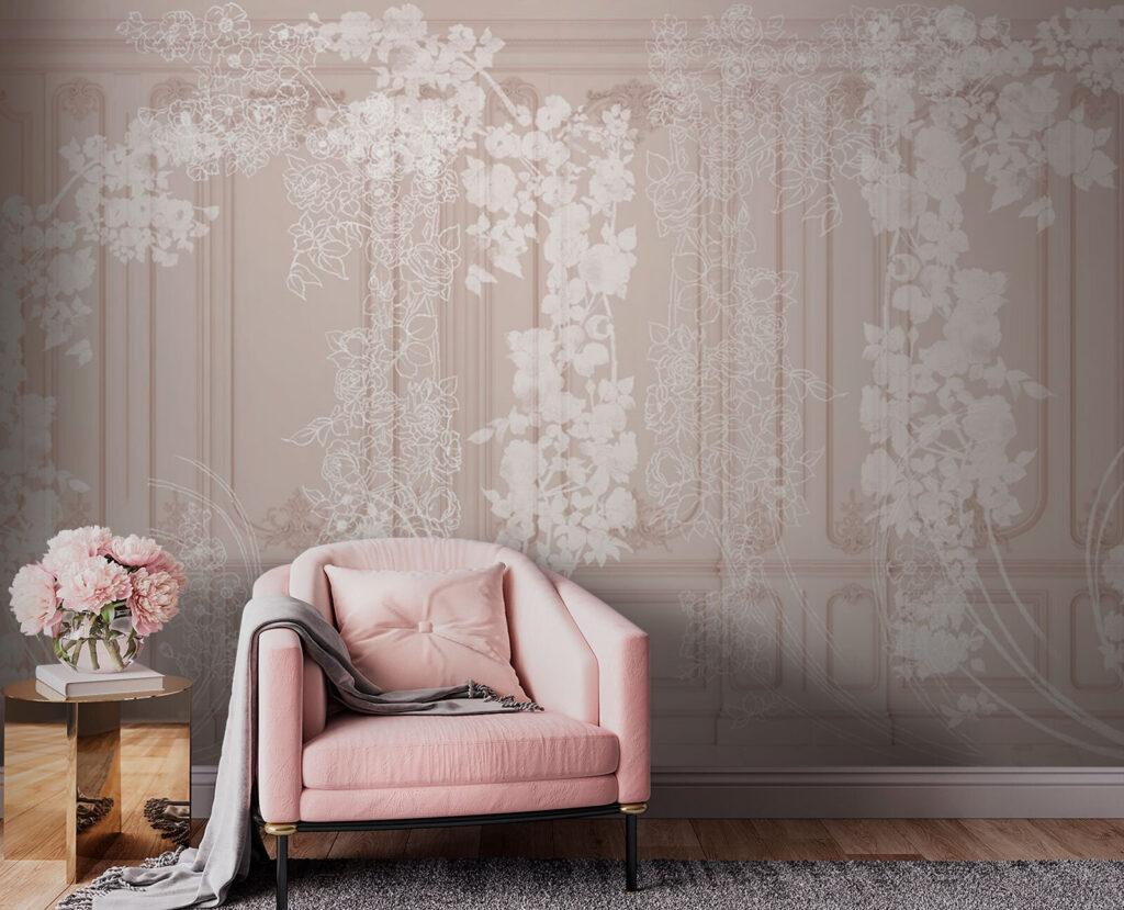 White blossom along panelling — interior 1