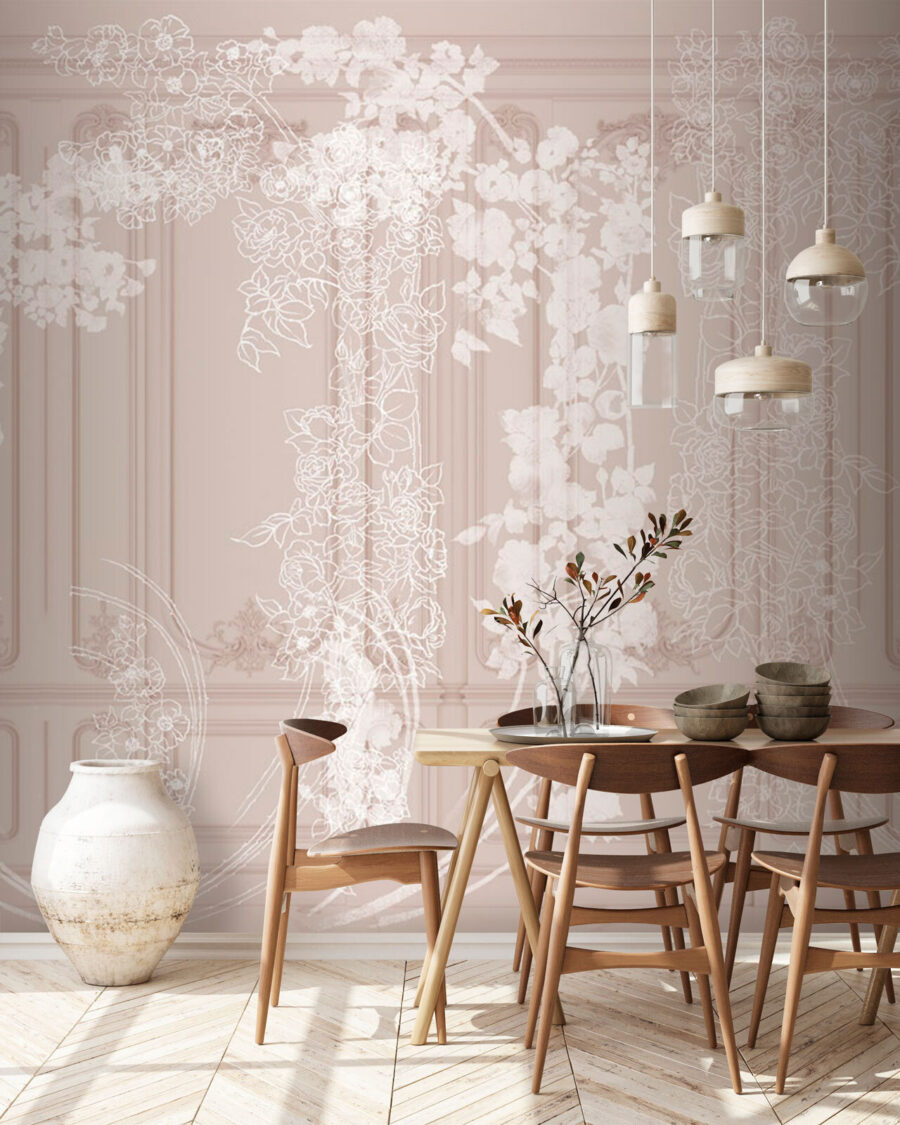 White blossom along panelling — interior 4